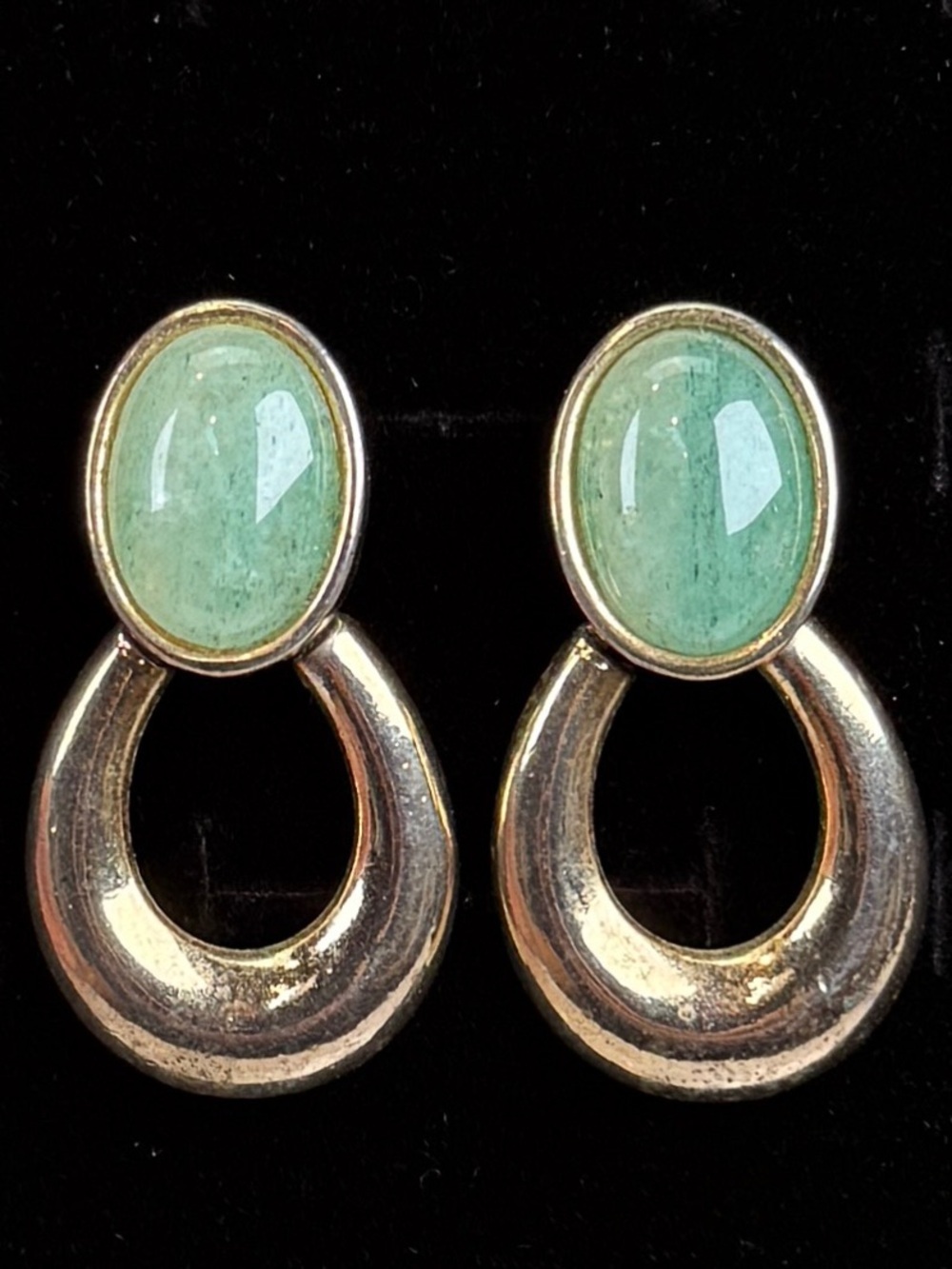 Vintage Aged Goldtone Green Door Knocker Pierced Earrings